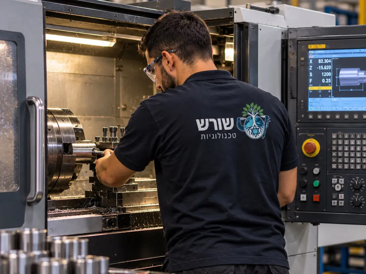 מפעיל ליד מחרטת CNC, בודק חלק מתכת