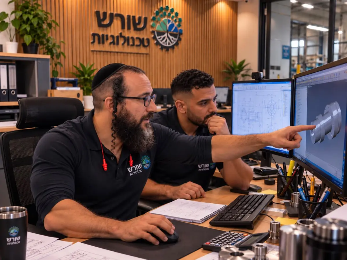 שני מהנדסים מול מסכי מחשב עם שרטוט ומודל תלת-ממדי של חלק